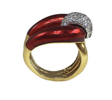 Load image into Gallery viewer, 1960s Vourakis Red Enamel Pave Diamond Gold Buckle Ring
