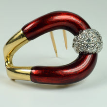 Load image into Gallery viewer, Vourakis Red Enamel Diamond Gold Buckle Brooch

