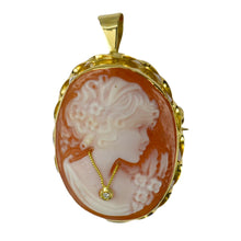 Load image into Gallery viewer, 18K Yellow Gold Diamond Helmet Shell Cameo Brooch Pendant