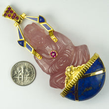 Load image into Gallery viewer, Large French 18K Yellow Gold Ruby Rose Quartz Lapis Buddha Pendant