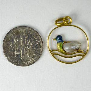 French 18K Yellow Gold Enamel Pearl Duck Charm Pendant
