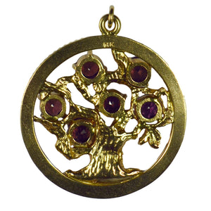 Large Yellow Gold Red Garnet Tree of Life Medallion Charm Pendant