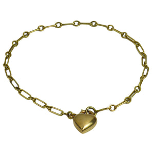 Yellow Gold Chain Link Bracelet With Puffy Heart Padlock Charm Pendant