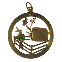 Load image into Gallery viewer, Large Vintage Bird Home Sweet Home 14K Yellow Gold Diamond Ruby Jade Charm Pendant