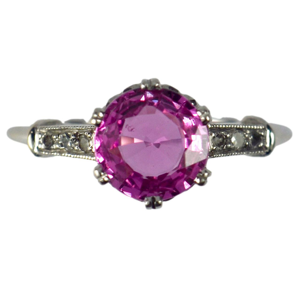 Synthetic Pink Sapphire Diamond Platinum Solitaire Ring