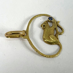 Vintage Mouse Blue Sapphire 18K Yellow Gold Charm Pendant