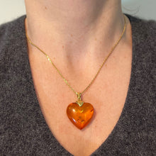 Load image into Gallery viewer, Large Vintage French Puffy Heart 18K Yellow Gold Amber Charm Pendant
