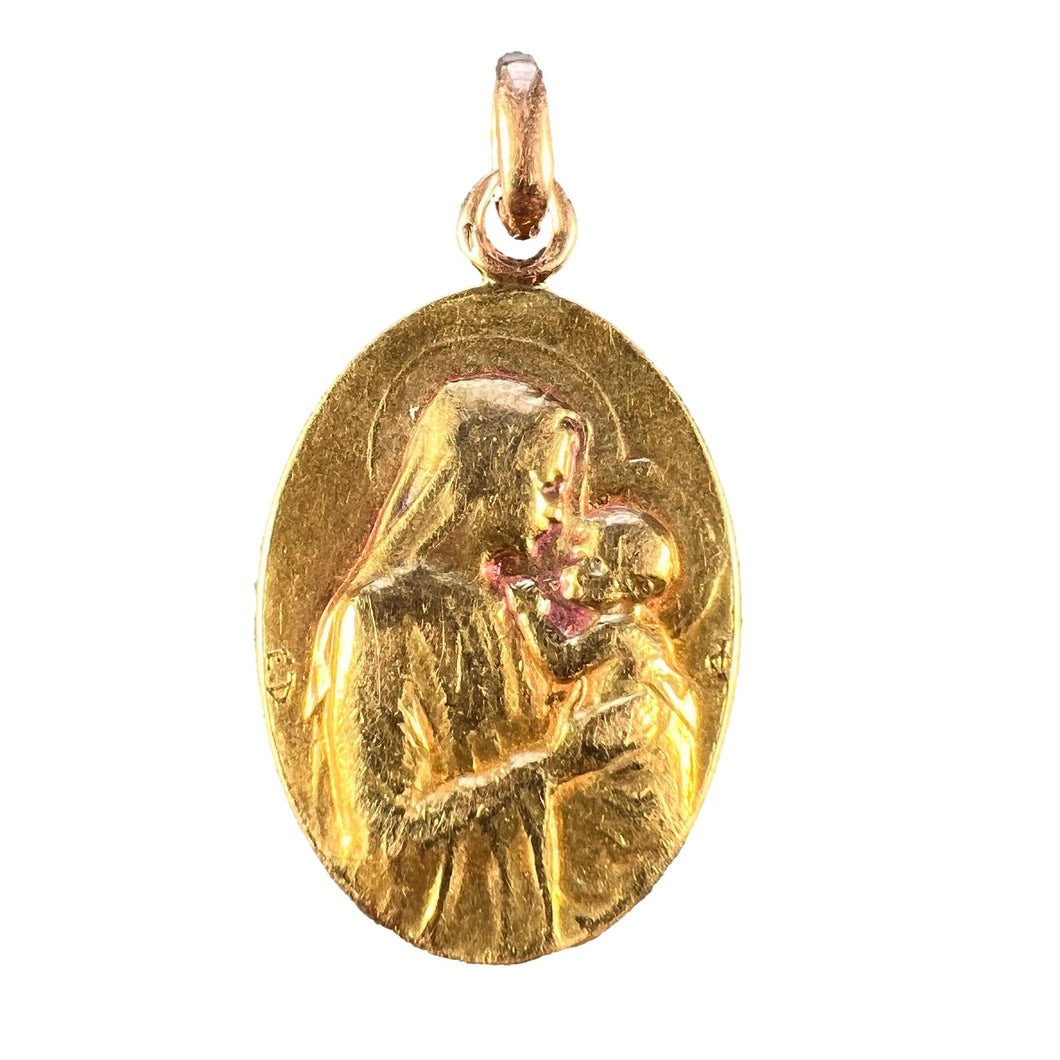 French Dropsy Madonna and Child 18K Yellow Gold Medal Pendant