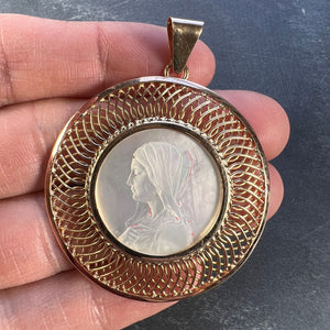 French 18K Rose Gold Mother-of-Pearl Virgin Mary Medal Pendant