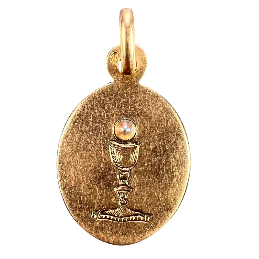 French Holy Chalice 18K Rose Gold Pearl Medal Pendant