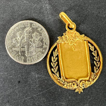 Load image into Gallery viewer, Antique French Shield Flowers Roses Leaves Wreath 18K Yellow Gold Medal Pendant
