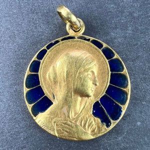 French Vernon Virgin Mary Plique A Jour Enamel 18K Yellow Gold Charm Pendant