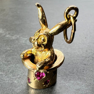 French Rabbit Heart Magician Hat 18K Yellow Gold Ruby Charm Pendant