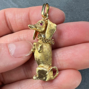 Large Dachshund Dog 18K Yellow White Gold Ruby Charm Pendant