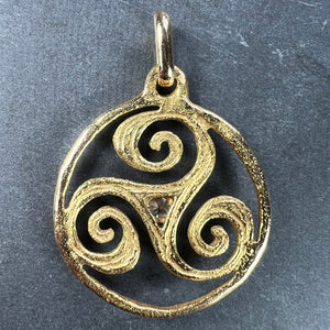 French Pierre Toulhart Triskel Triskelion 18K Yellow Gold Diamond Pendant