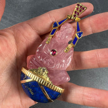 Load image into Gallery viewer, Large French 18K Yellow Gold Ruby Rose Quartz Lapis Buddha Pendant
