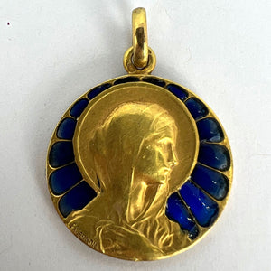 French Vernon Virgin Mary Plique A Jour Enamel 18K Yellow Gold Charm Pendant