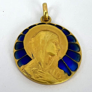 French Vernon Virgin Mary Plique A Jour Enamel 18K Yellow Gold Charm Pendant