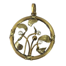 Load image into Gallery viewer, French Mistletoe Leaves and Berries Love 18K Yellow Gold  Pearl Charm Pendant
