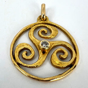 French Pierre Toulhart Triskel Triskelion 18K Yellow Gold Diamond Pendant