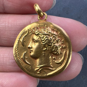 French Salacia Amphitrite Sea Goddess Dolphins 18K Yellow Gold Pendant Medal