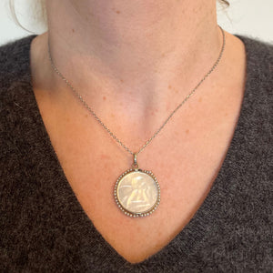 French Mother of Pearl Rafael’s Cherub 18K White Gold Seed Pearl Medal Pendant