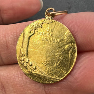 French Bonheur Good Luck 18K Yellow Gold Lucky Charm Medal Pendant