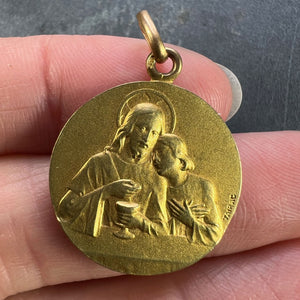 French Religious Medal Angel Jesus Communion 18K Yellow Gold Charm Pendant