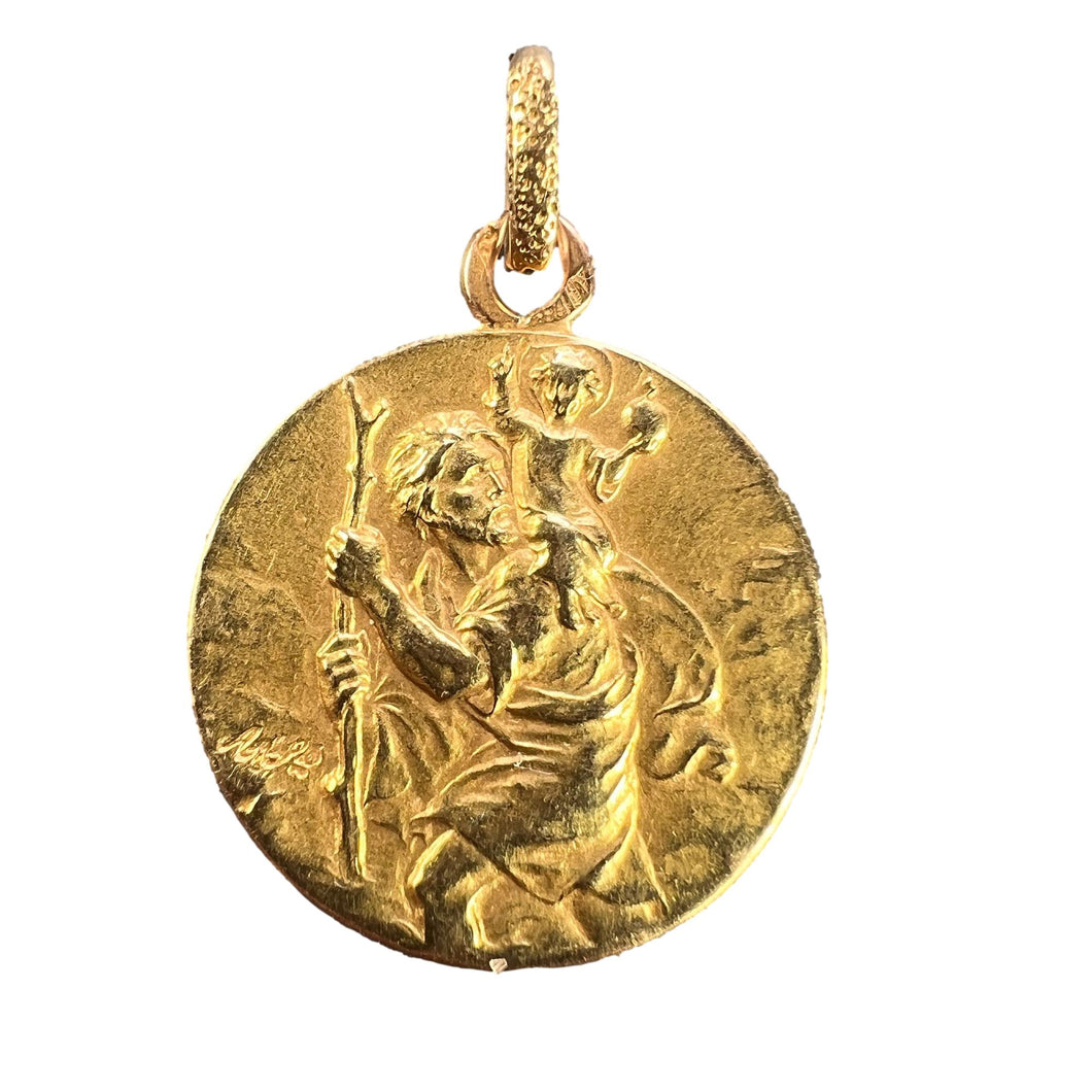 Vintage French St Christopher 18K Yellow Gold Charm Pendant