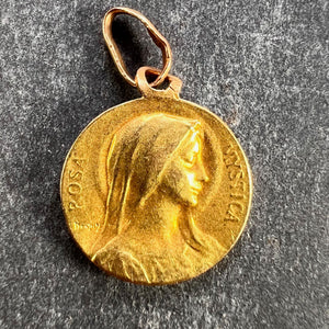Small Dropsy French Virgin Mary Fourviere Lyon 18K Yellow Gold Medal Pendant