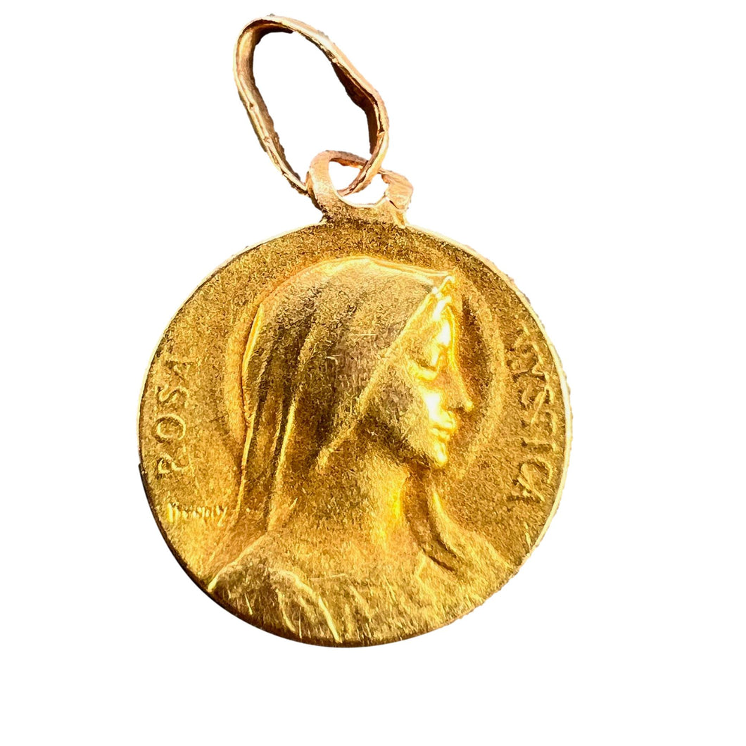 Small Dropsy French Virgin Mary Fourviere Lyon 18K Yellow Gold Medal Pendant