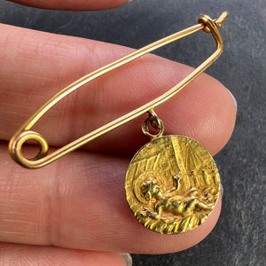 French Baby Medal Safety Pin 18K Yellow Gold Charm Pendant Brooch