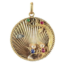 Load image into Gallery viewer, Large French 18K Yellow Gold Lovebirds Emerald Ruby Sapphire Diamond Pendant
