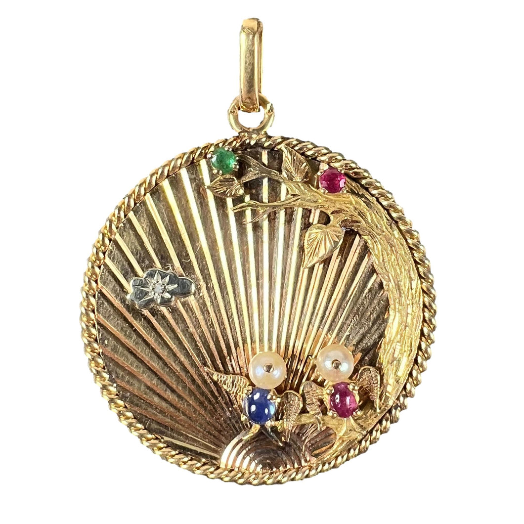 Large French 18K Yellow Gold Lovebirds Emerald Ruby Sapphire Diamond Pendant