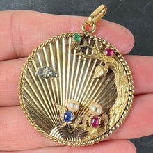 Load image into Gallery viewer, Large French 18K Yellow Gold Lovebirds Emerald Ruby Sapphire Diamond Pendant
