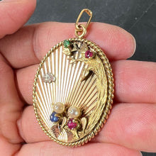 Load image into Gallery viewer, Large French 18K Yellow Gold Lovebirds Emerald Ruby Sapphire Diamond Pendant
