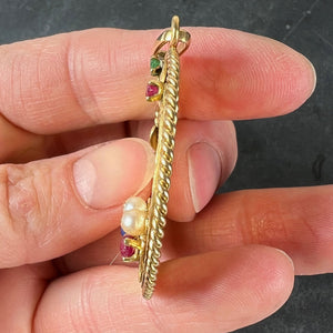 Large French 18K Yellow Gold Lovebirds Emerald Ruby Sapphire Diamond Pendant