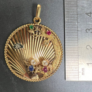 Large French 18K Yellow Gold Lovebirds Emerald Ruby Sapphire Diamond Pendant