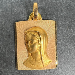 French Perroud Virgin Mary 18K Yellow Gold Rectangular Medal Pendant