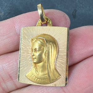 French Perroud Virgin Mary 18K Yellow Gold Rectangular Medal Pendant