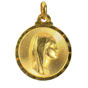 Vintage French Virgin Mary 18K Yellow Gold Sunburst Medal Pendant