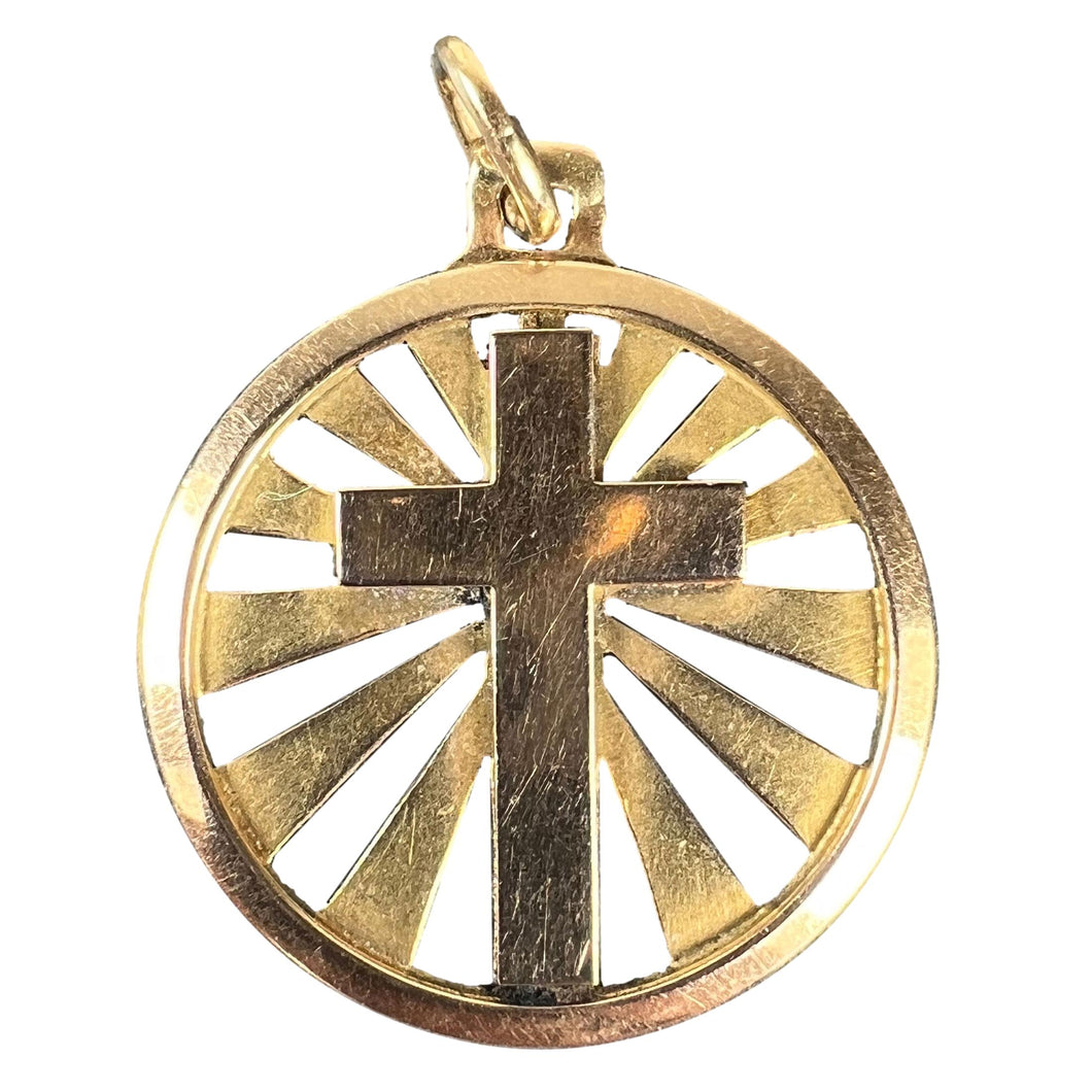 Vintage French 18K Yellow Gold Cross Radiating Sunburst Medal Pendant