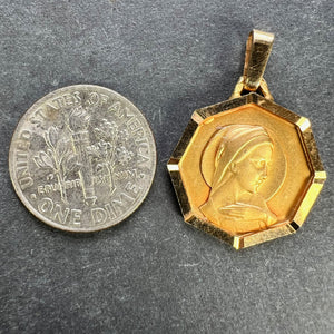 French Virgin Mary Octagonal 18K Yellow Gold Medal Charm Pendant