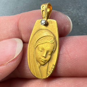 French Augis Virgin Mary 18K Yellow Gold Diamond Religious Medal Pendant