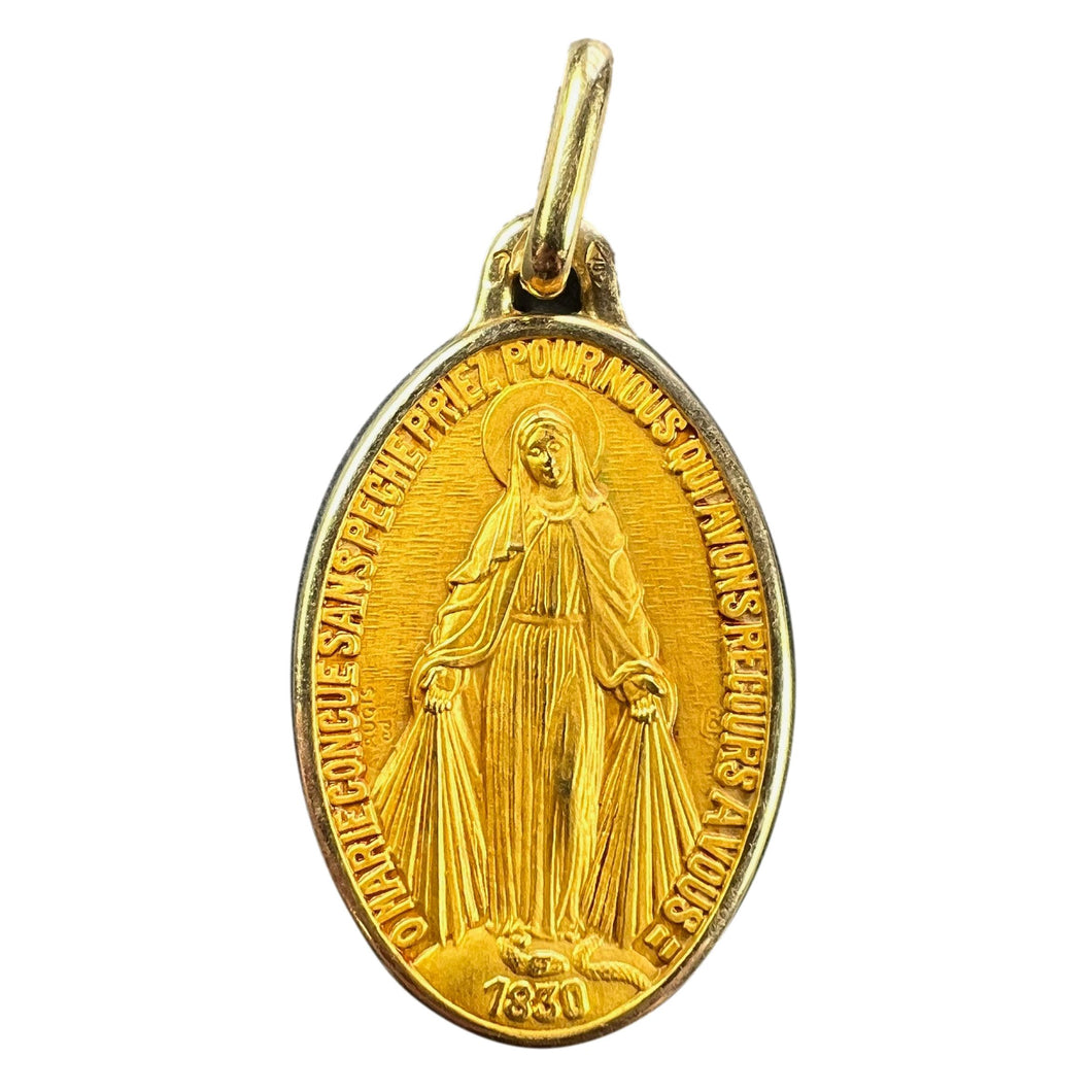 French Augis Virgin Mary Miraculous Medal 18K Yellow Gold Charm Pendant