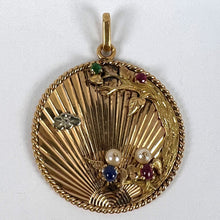 Load image into Gallery viewer, Large French 18K Yellow Gold Lovebirds Emerald Ruby Sapphire Diamond Pendant
