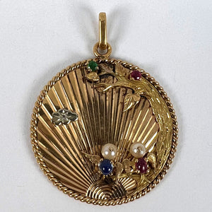 Large French 18K Yellow Gold Lovebirds Emerald Ruby Sapphire Diamond Pendant
