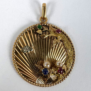 Large French 18K Yellow Gold Lovebirds Emerald Ruby Sapphire Diamond Pendant