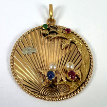 Load image into Gallery viewer, Large French 18K Yellow Gold Lovebirds Emerald Ruby Sapphire Diamond Pendant
