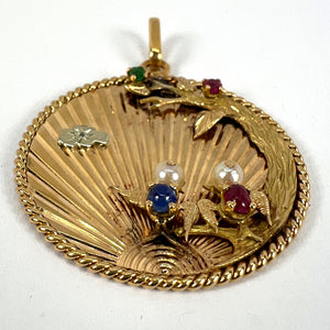 Large French 18K Yellow Gold Lovebirds Emerald Ruby Sapphire Diamond Pendant